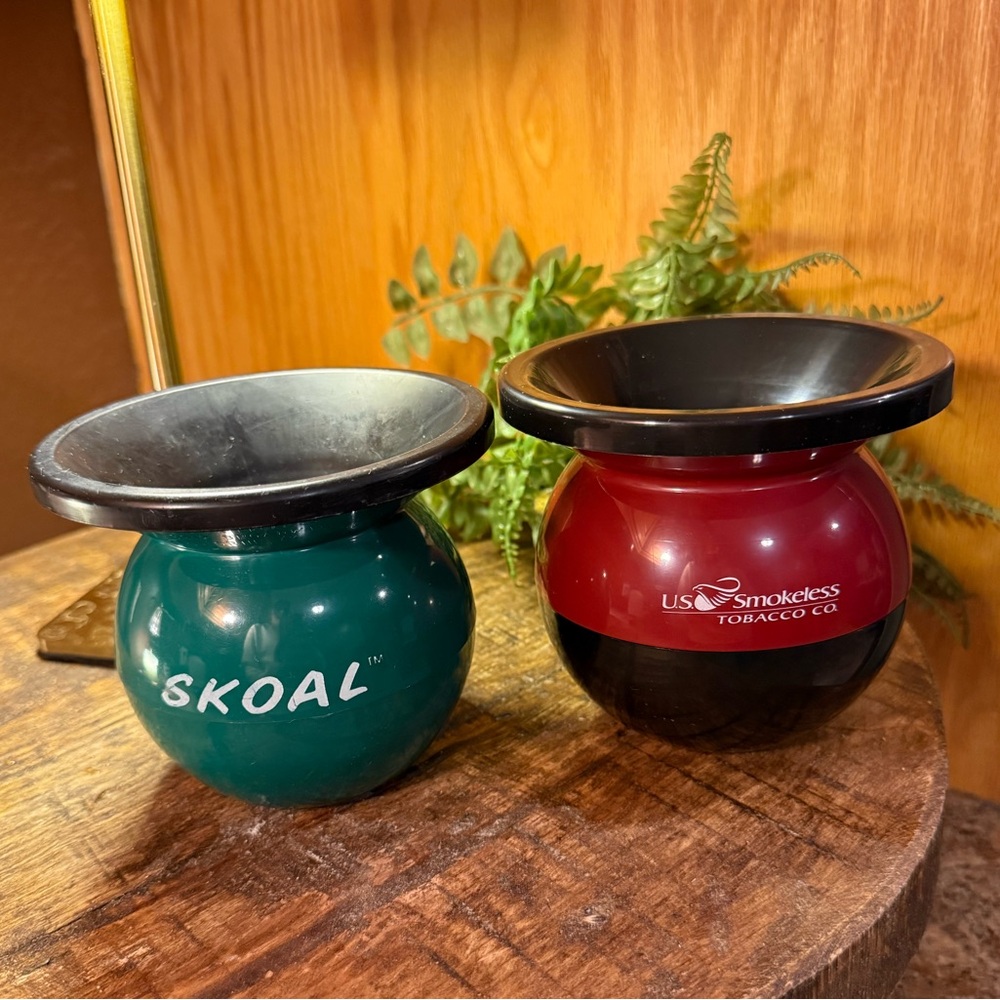 Pair Of Vintage Skoal And Mud Jug Portable Spittoons, Used For Smokeless Tobacco
